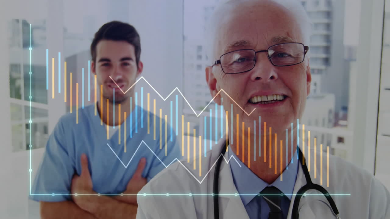 Animation of diagram over caucasian male doctors smiling