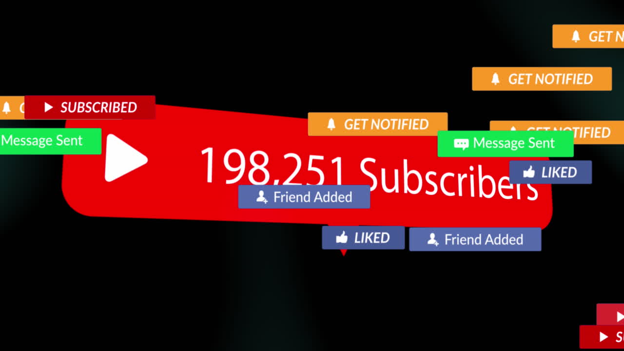 animação de textos de mídias sociais sobre assinantes número crescente em fundo preto