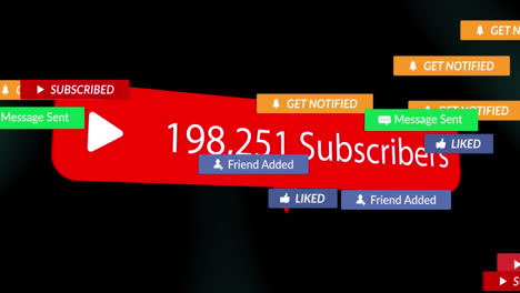 animación de los textos de las redes sociales sobre el número creciente de suscriptores en fondo negro