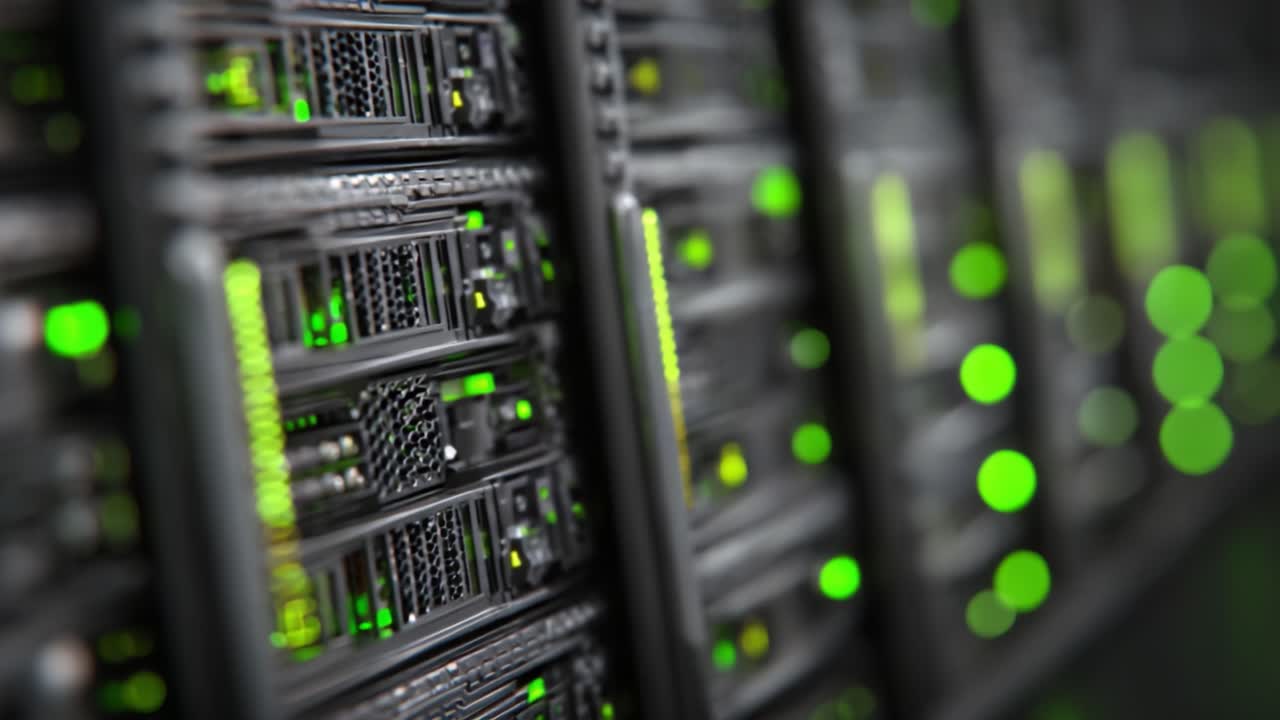 Futuristisk datacentersinfrastruktur, der viser tætte rækker af højtydende servere med oplyste paneler, der signalerer aktiv behandling og forbindelse
