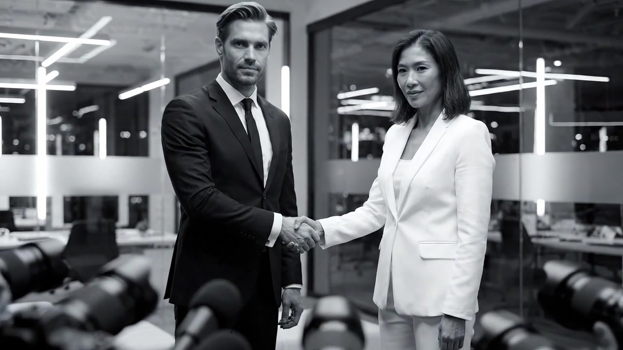 Stretta di mano professionale tra due partner commerciali in un moderno ambiente d'ufficio, che simboleggia collaborazione, fiducia e accordo reciproco in un contesto aziendale.