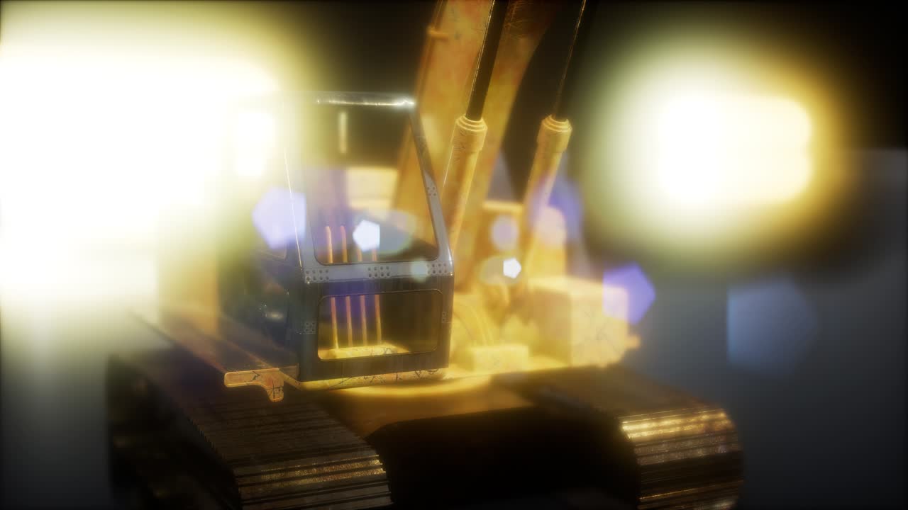 밝은 불빛으로 어두운 곳에 있는 발굴기