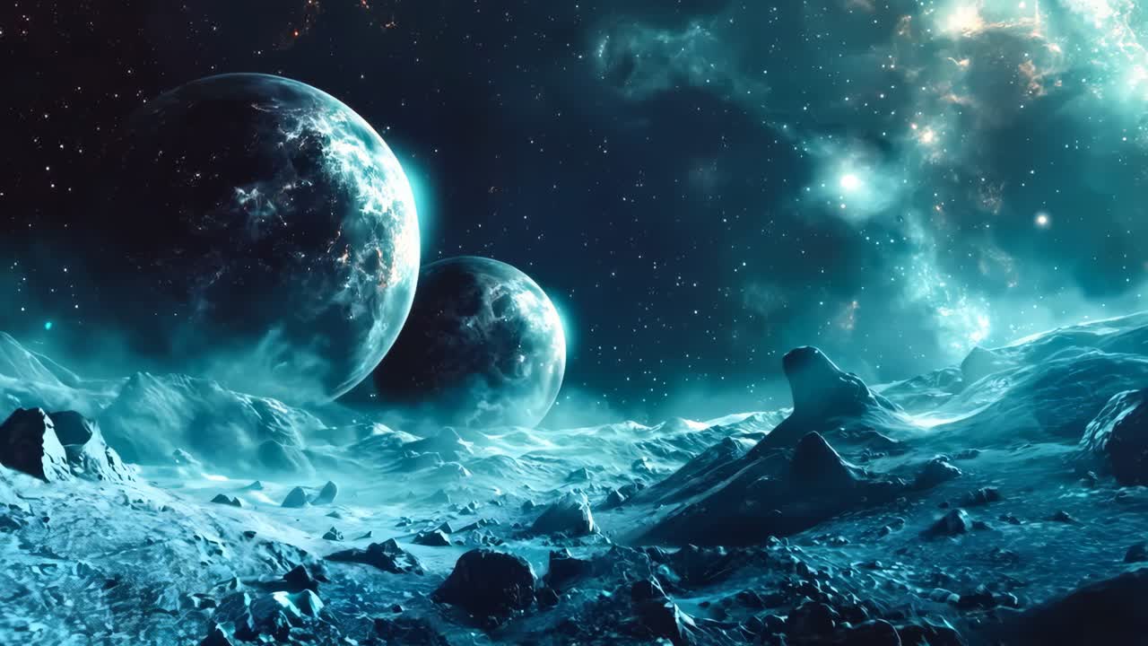 A view of a space scene with planets and stars in the sky