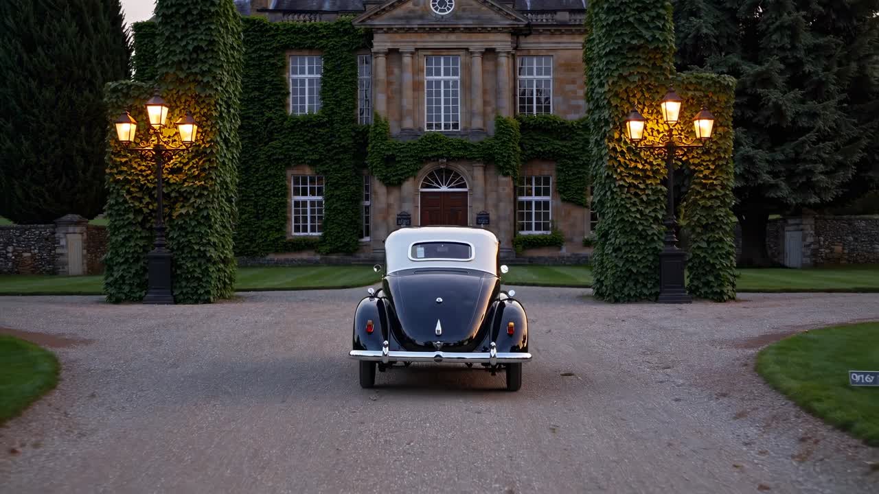 Ein Oldtimer nähert sich in der Abenddämmerung einem großen, efeubewachsenen Herrenhaus. Aufgenommen aus einem niedrigen hinteren Winkel.