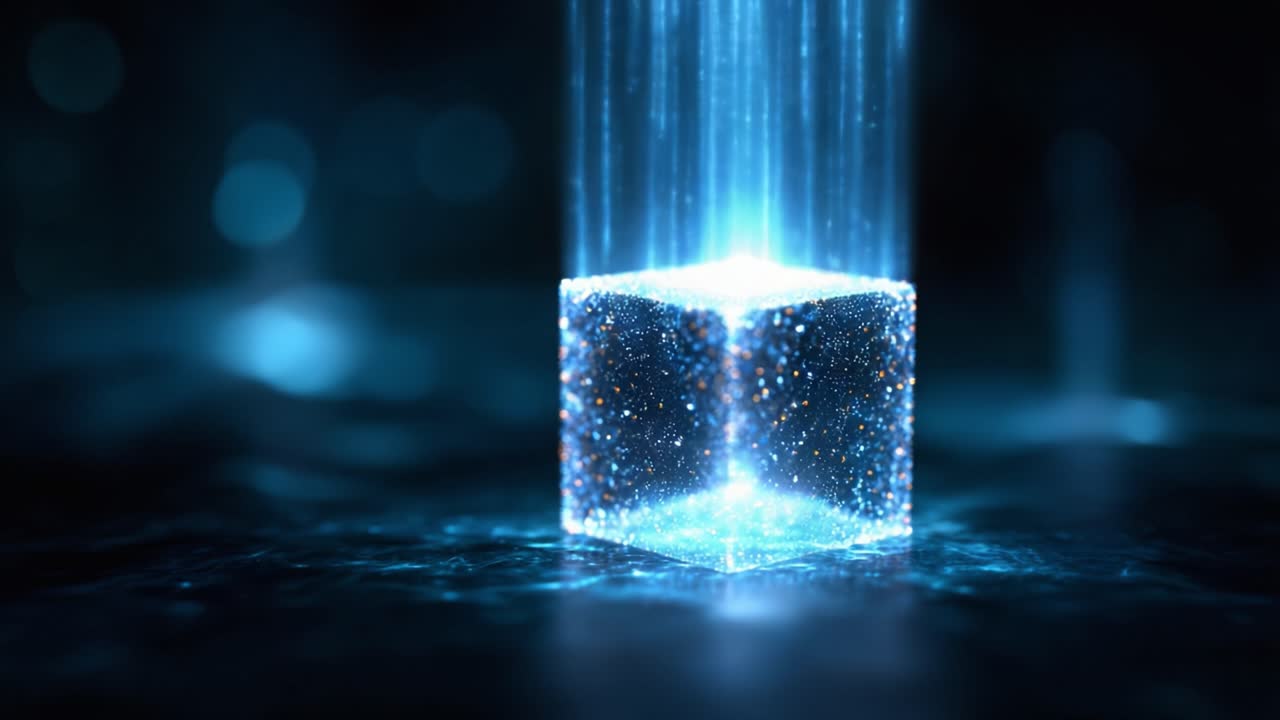 A Radiant Cube Illuminated by Glowing Streams of Light in a Mystical Blue Environment, Creating a Captivating Visual Experience Full of Dynamic Elements