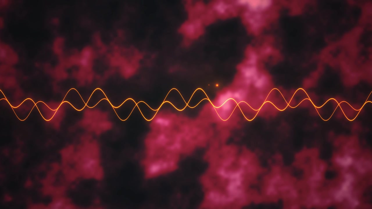 Abstract Glowing Sine Waves Pulsing Over Dark Red Nebula Background