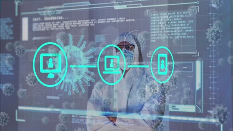 animation of icons, virus cells and digital interface over male doctor wearing face mask