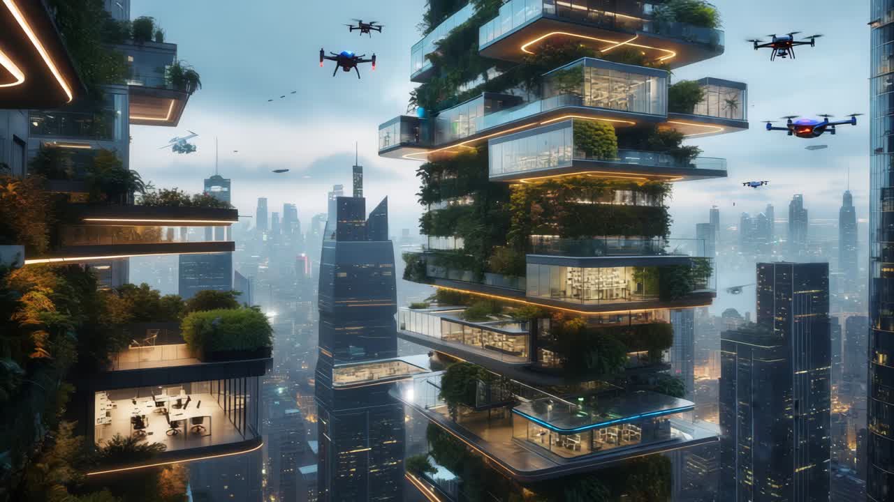 ciudad vertical futurista con entrega de drones