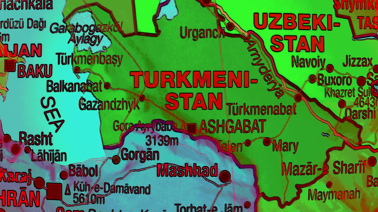 A detailed map of Turkmenistan and surrounding Central Asian countries and the Caspian Sea