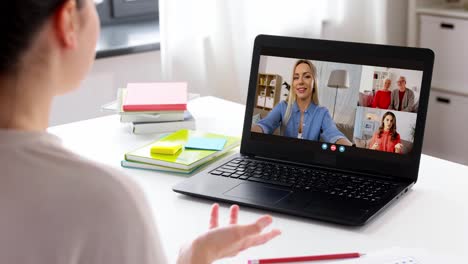 people,-technology-and-online-communication-concept--laptop-with-family-having-video-call-or-virtual-birthday-party-on-screen,-cake,-gift-box-and-coffee-on-table-at-home