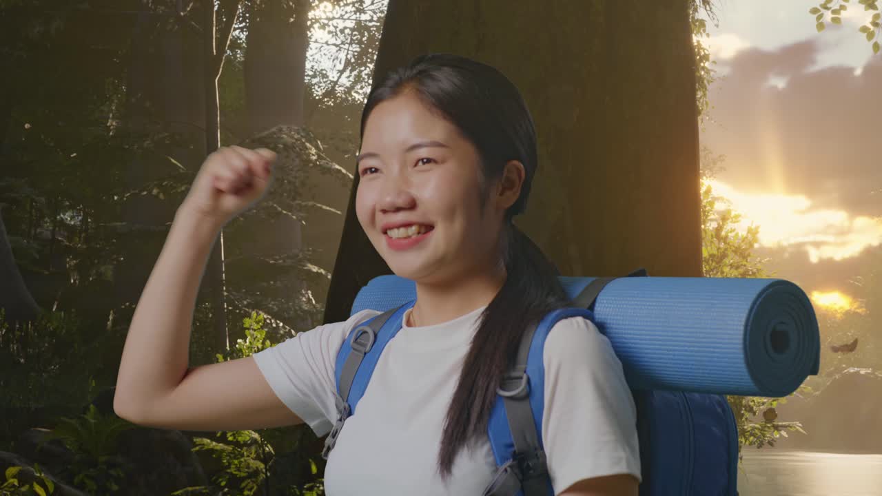 해가 뜨고 해가 지는 동안 숲에서 산책하는 여자