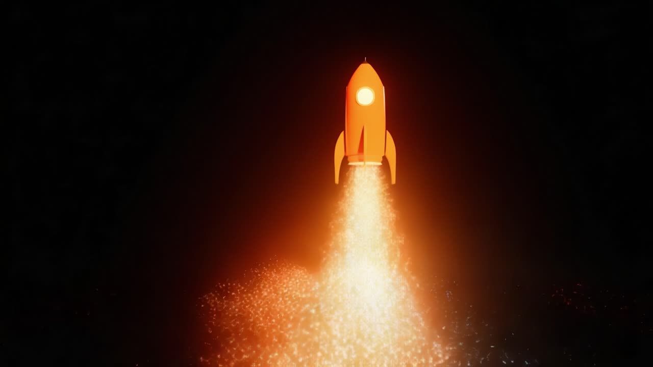 Stylized orange rocket ship taking off with a fiery exhaust against a black background. This animation symbolizes startup growth, innovation, new ideas, business success, and exploration