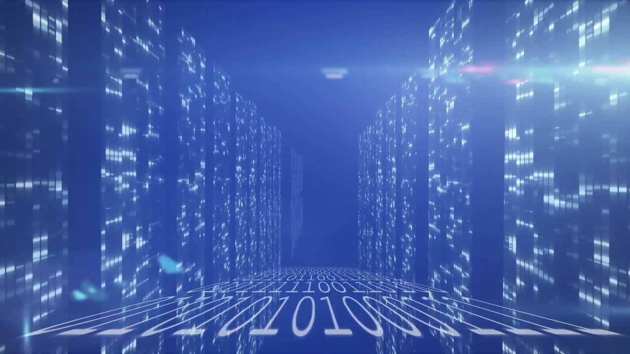 파란색 배경에 빛의 반점과 바이너리 코딩의 애니메이션