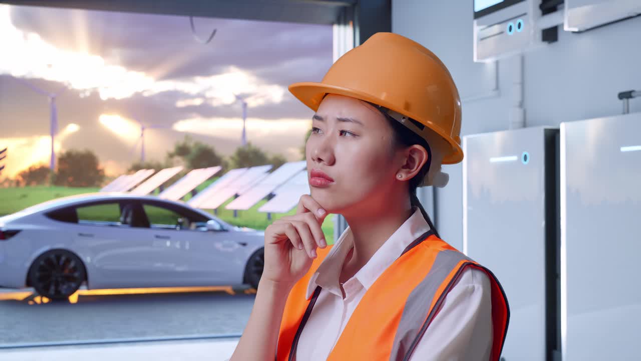 Close Up Side View Of Asian Female Engineer With Safety Helmet Thinking And Looking Around Then Raising Her Index Finger With Home Energy Storage System In a Modern Garage