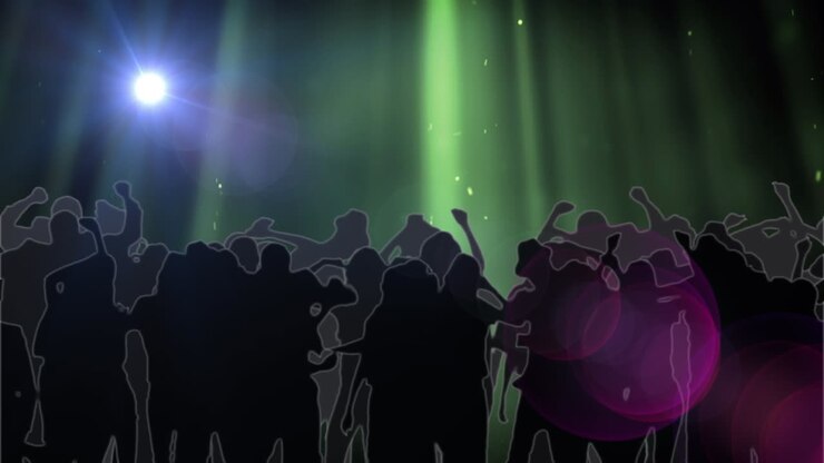 Animazione di silhouette di persone che ballano su punti luce su sfondo nero.