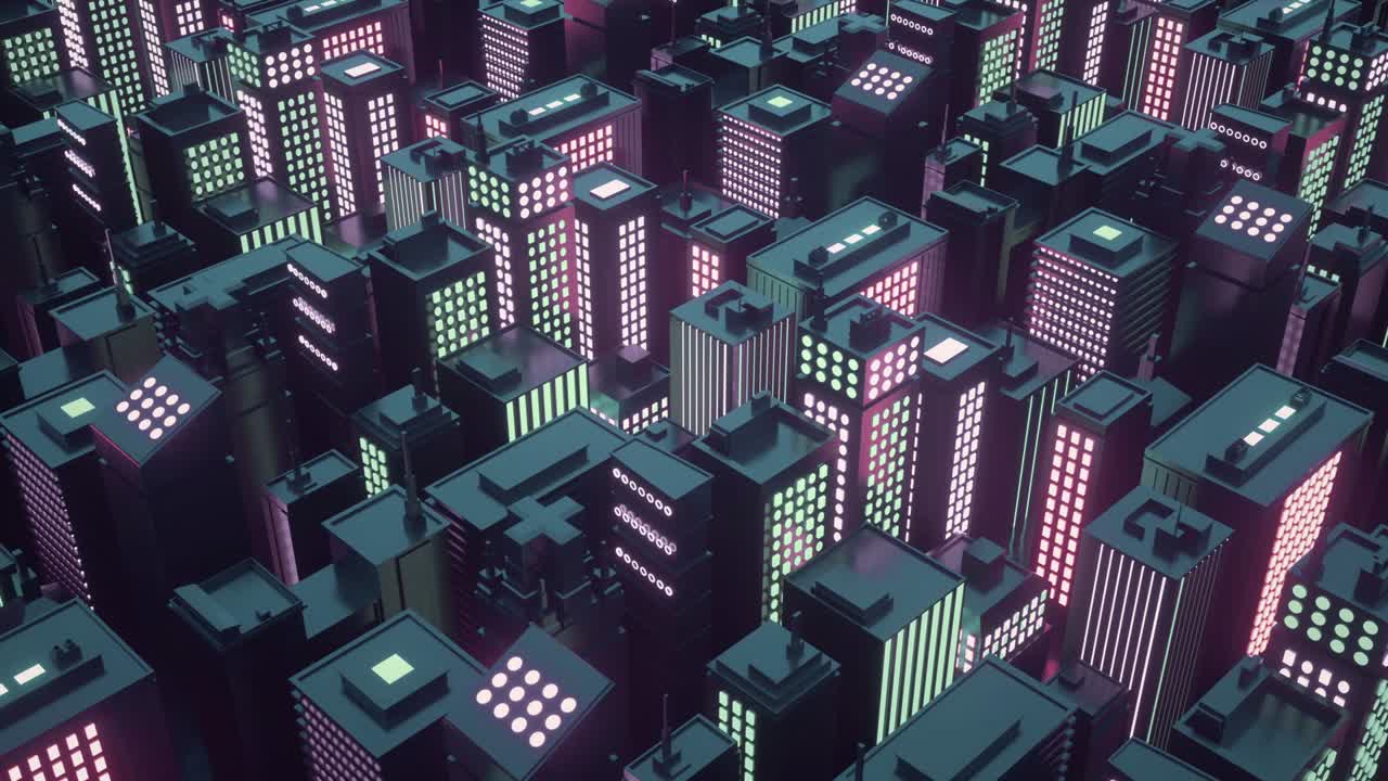 ciudad futurista cyberpunk con rascacielos. la cámara se mueve a través de la ciudad isométrica abstracta. fondo de bucle sin costuras