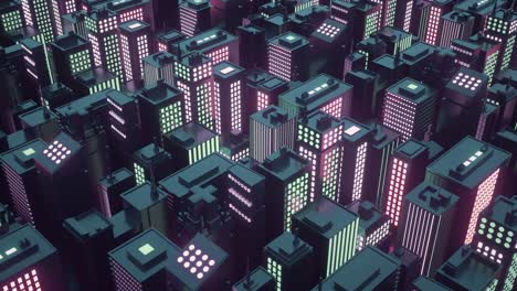 cyberpunk futuristic city with skyscrapers. camera moves through abstract isometric city. seamless loop background