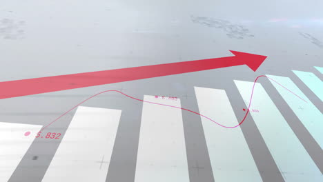 rising red arrow and data points animation over bar graph background