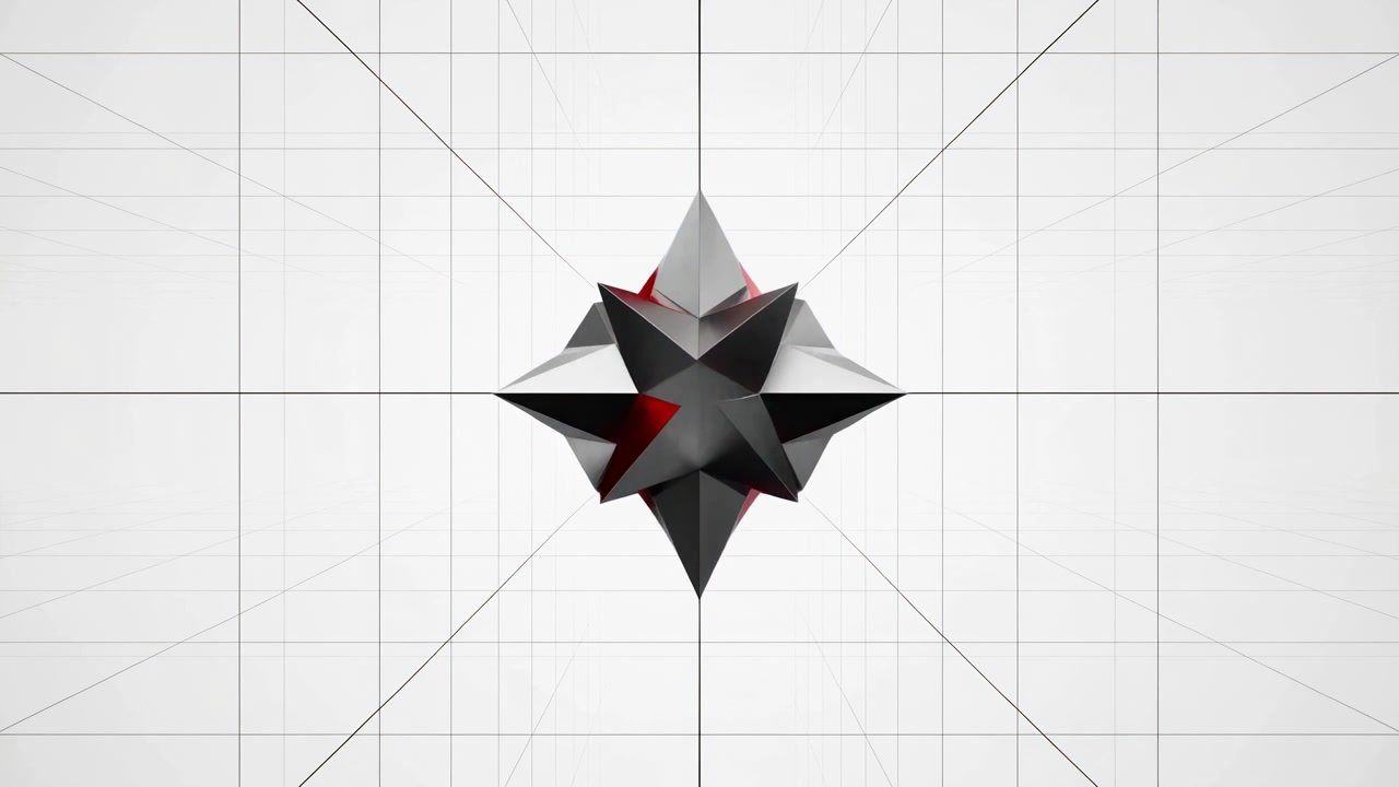 Layered polygonal facets unfold and reconfigure through several symmetrical shapes, adding red and white surfaces as the object grows against thin converging grid lines.