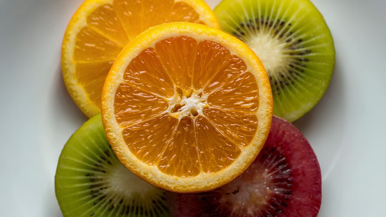 Presenterer skiver av oransje, grønn kiwi og rød kiwi på en hvit tallerken, med teksturer