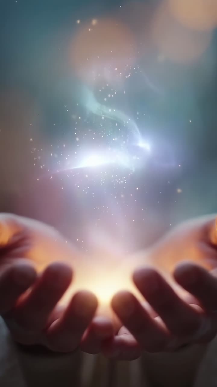 Un concepto de video místico con manos ahuecadas, capturando partículas brillantes