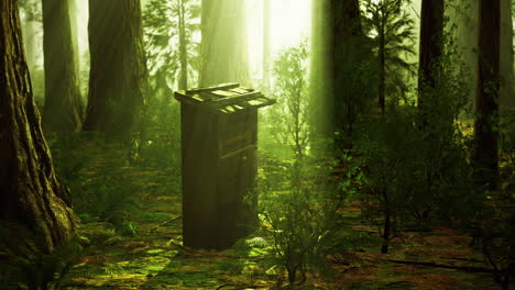 mysterious wooden structure in a sunlit forest clearing