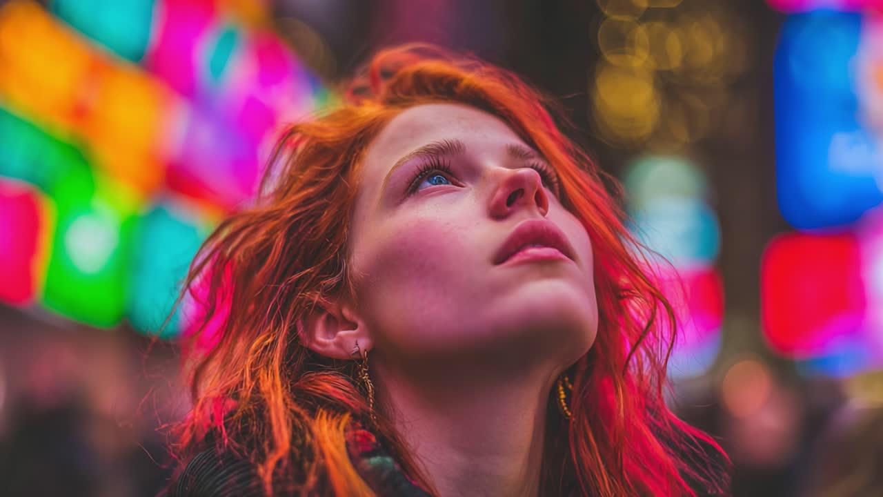 A young woman with vibrant red hair gazes upward in awe, surrounded by colorful lights and vibrant neon signs that illuminate her thoughtful expression in an urban setting