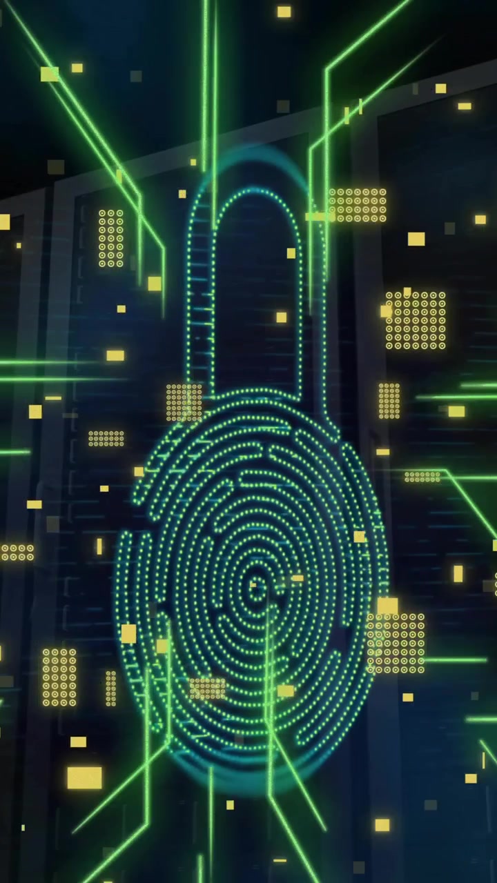 Animation of biometric padlock, circuit board and digital data processing over computer servers