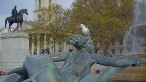 Vogel,-Der-Während-Einer-Sperrpandemie-Von-Einer-Brunnenstatue-Auf-Dem-Leeren-Trafalgar-Square-Fliegt