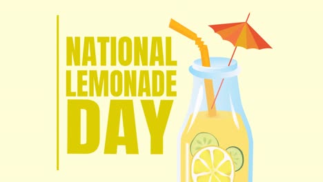 animation of national lemonade day text and lemonade icon over yellow background