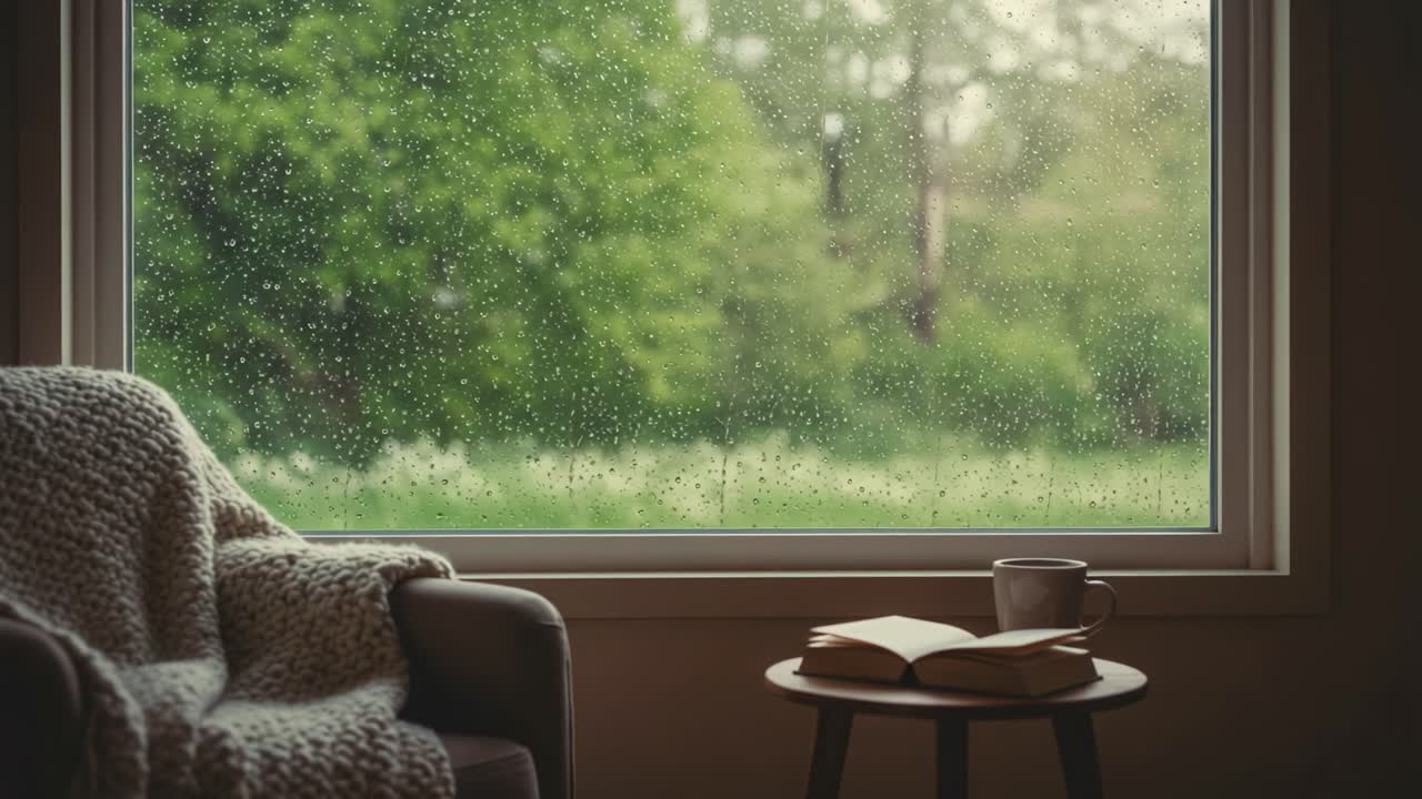 Cozy Indoor Scene with Rainy Window and Reading Nook: A Serene Setting Perfect for Curling Up with a Book on a Rainy Day, Enhancing Relaxation and Comfort