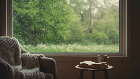 cozy indoor scene with rainy window and reading nook: a serene setting perfect for curling up with a book on a rainy day, enhancing relaxation and comfort