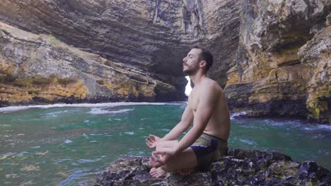 young man vacationing in sea bay.