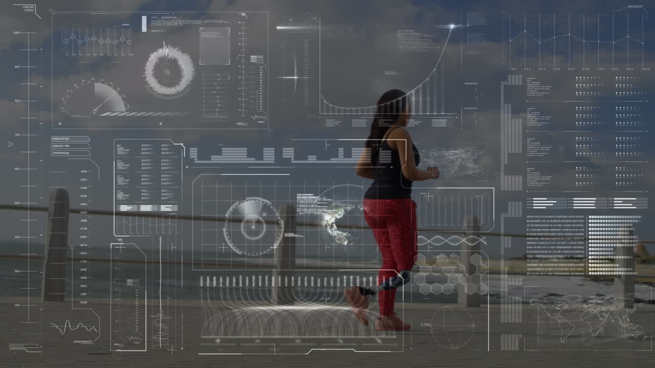 animación de escaneo de alcance y procesamiento de datos sobre mujer con extremidad artificial caminando por la orilla del mar