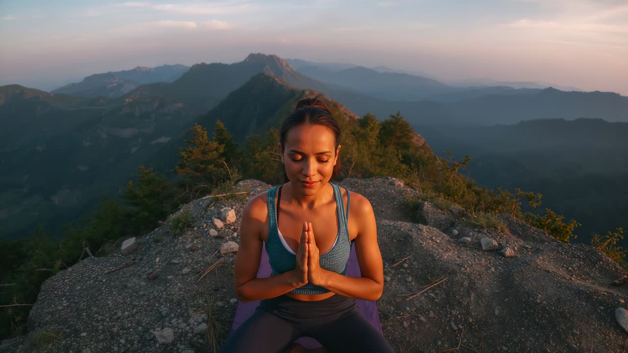 Breathing woman lifting head on rocky summit as sunrise prompts yoga, in sportswear on purple mat