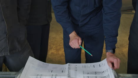 team reviewing construction plans in a factory