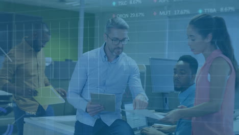 animation of financial data processing over diverse business people in office