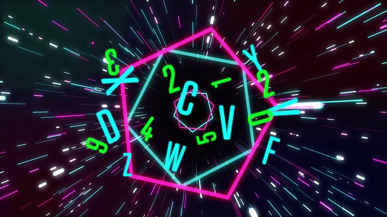 검은색 배경에 빛의 흔적 위에 글자와 숫자의 애니메이션