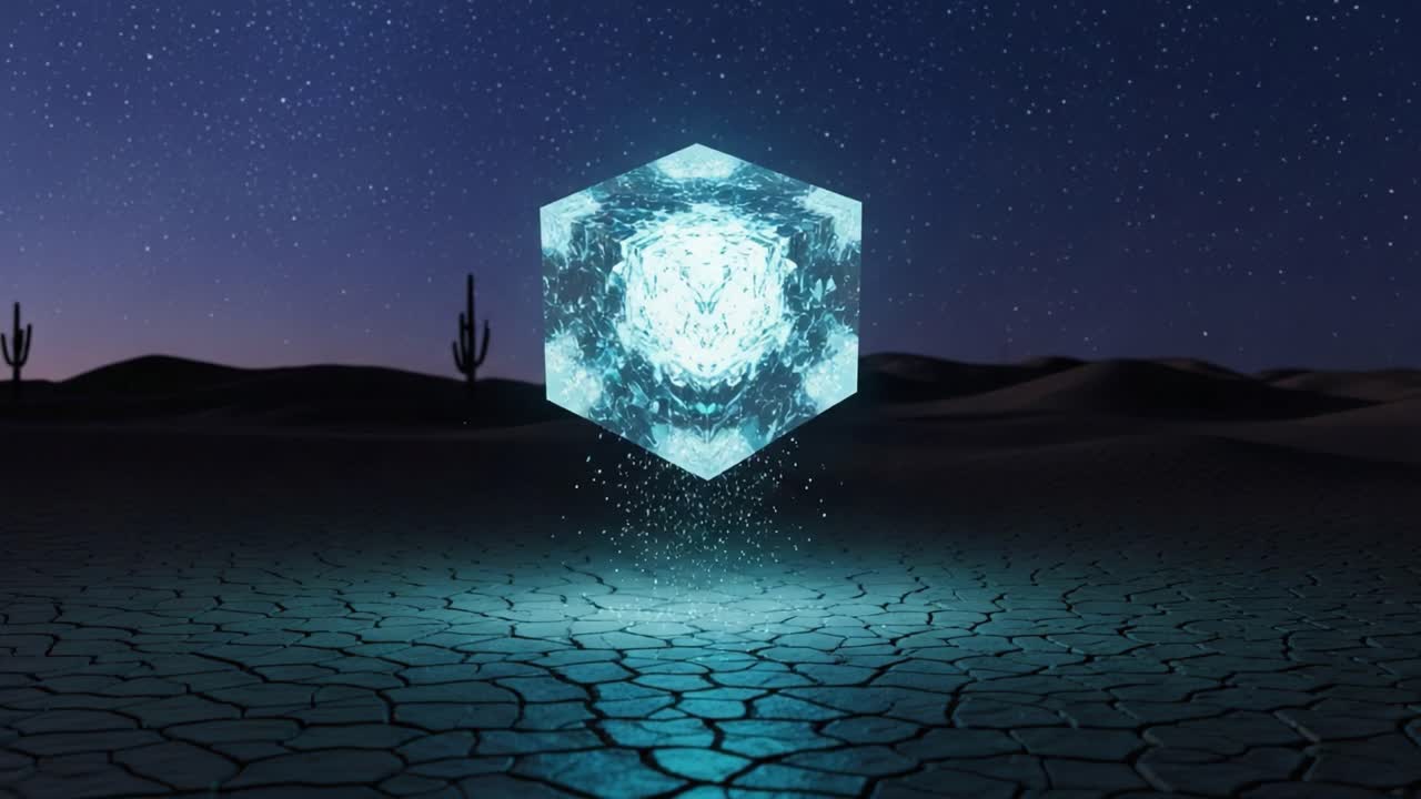 Ein mystischer schwebender Würfel, der den Wüstenhimmel in der Nacht mit einem atemberaubenden Schein erhellt und in einer kargen Landschaft unter dem sternenklaren Universum der Schwerkraft trotzt