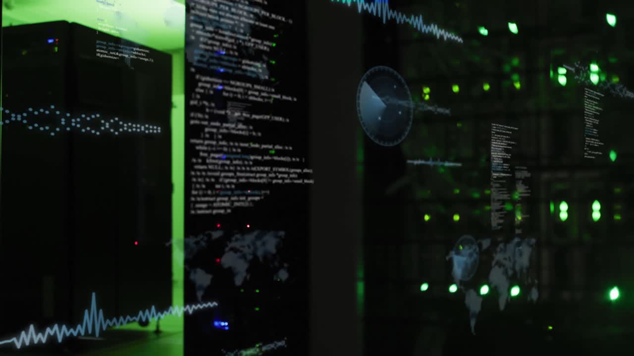 animación de pantallas con procesamiento de datos contra la sala de servidores de computadora