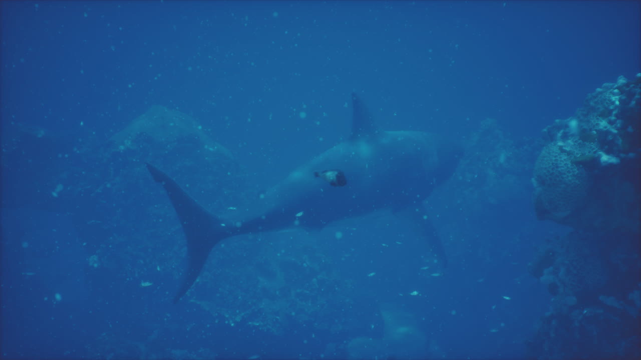 el gran tiburón blanco nada cerca de la superficie frente a la costa