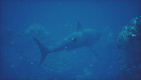 large great white shark swims near the surface off the coast