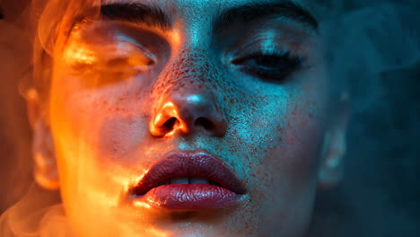 close-up of a woman with striking features in colorful smoke