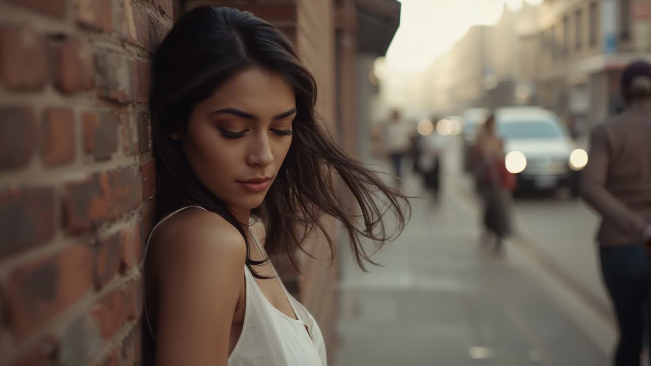 Primo piano di una donna con una maglietta bianca appoggiata a un muro di mattoni su un marciapiede che guarda la fotocamera, con i fari di un'auto che si avvicina sullo sfondo