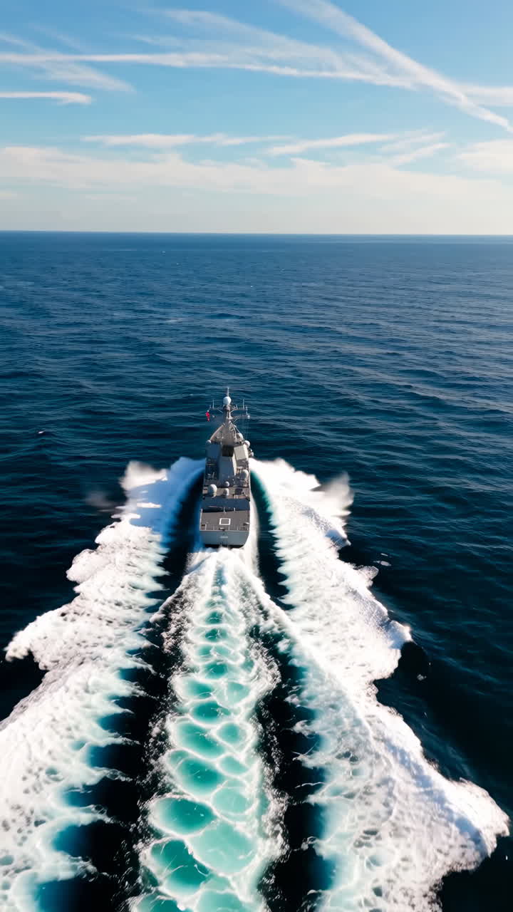 Nave da guerra che solca l'oceano, lasciando una scia