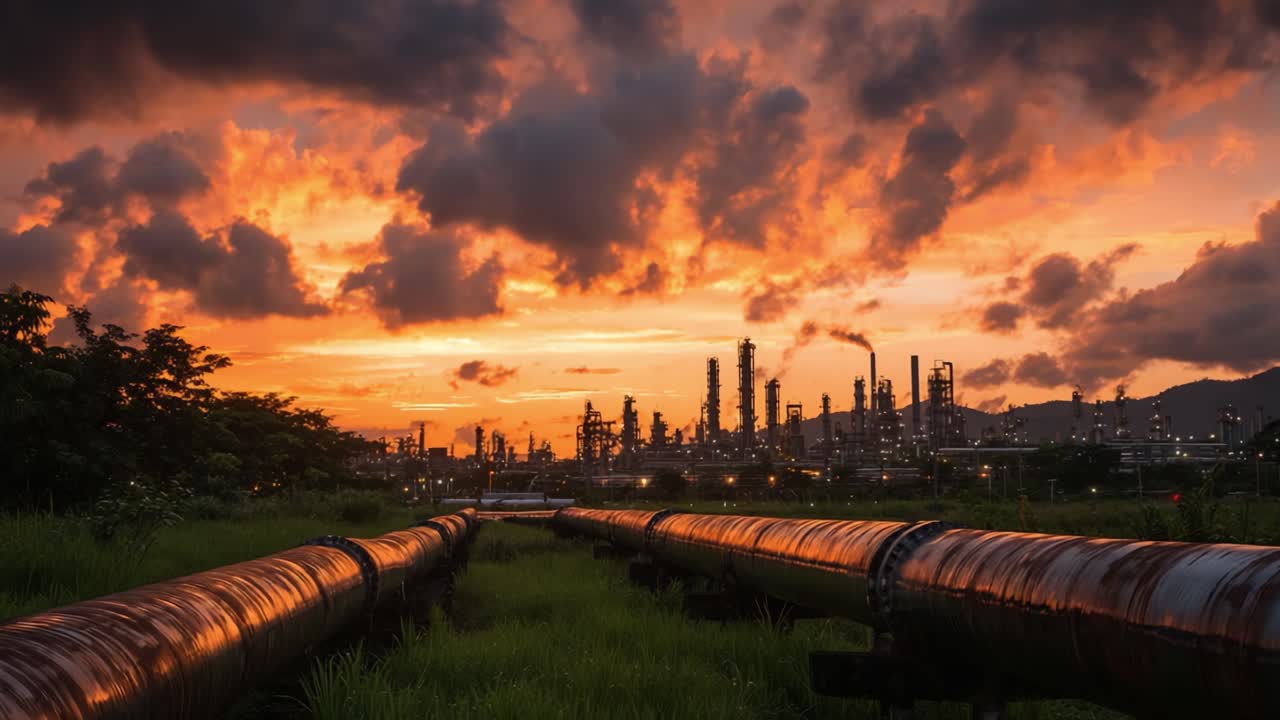 Coucher de Soleil Époustouflant sur des Conduites Industrielles : Un Contraste Superbe entre la Nature et les Structures Artificielles, Entouré d'une Végétation Luxuriante et de Cieux Spectaculaires