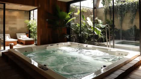 luxurious indoor spa with hot tub and lush greenery