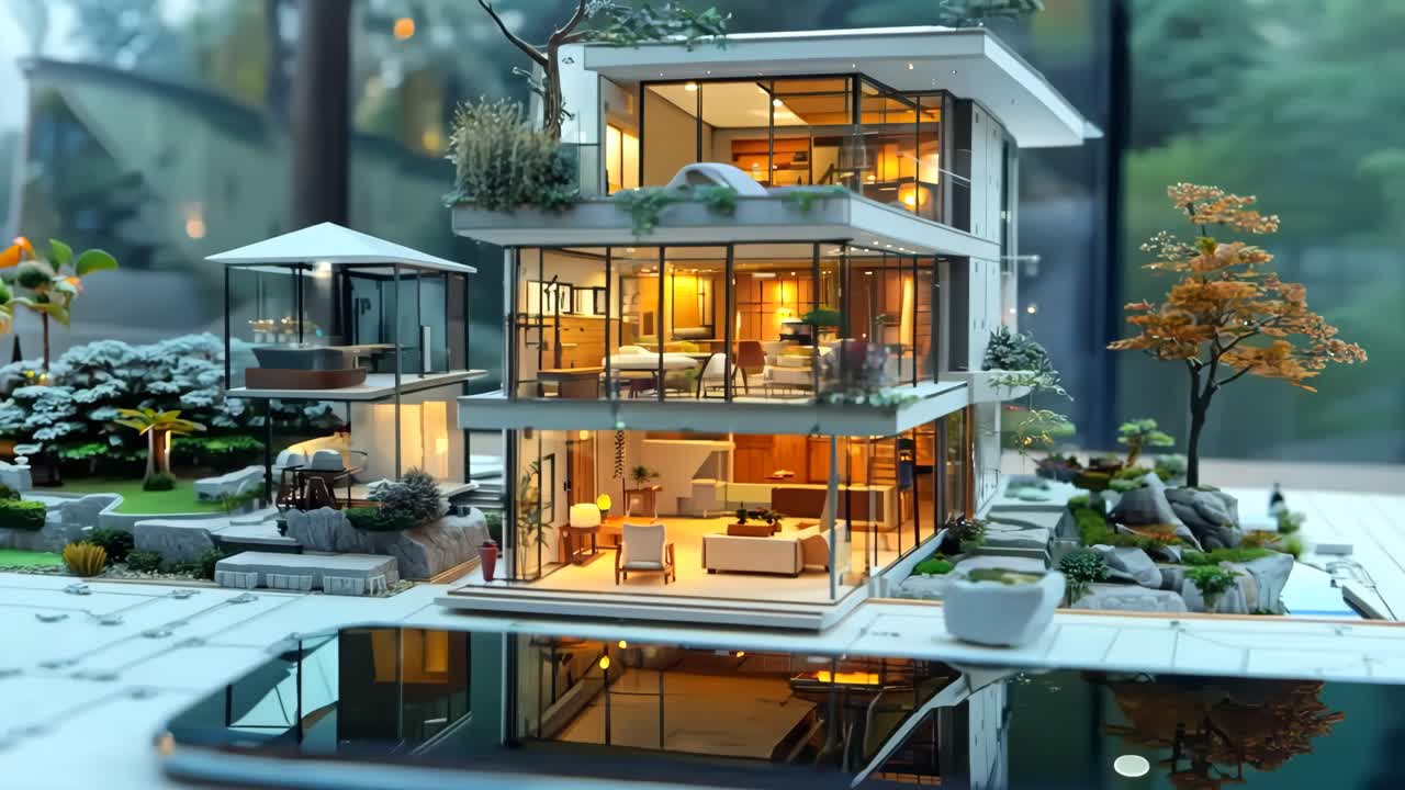 A small model of a house with a phone on a table in front of it. The house is a three-story building with a pool and a balcony