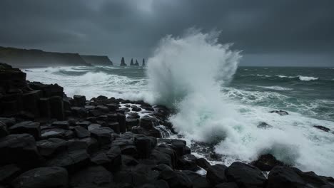 dramatic stormy coastline with basalt columns and sea stacks in iceland