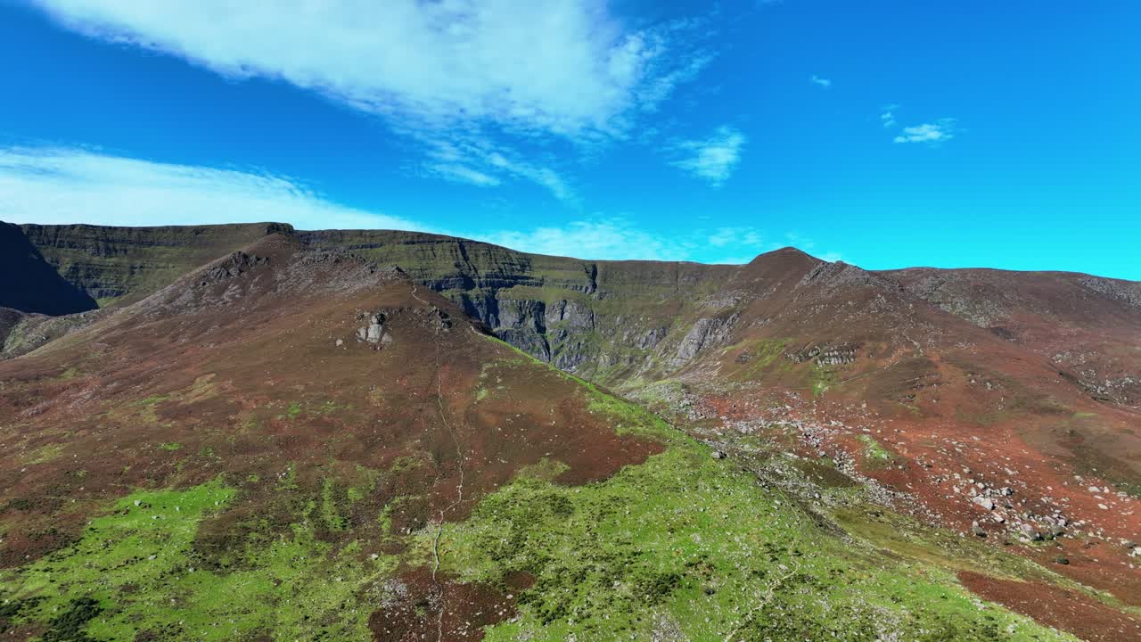 Irish mountain Landscapes drone rising revealing Coumshingaun Horseshoe popular hillwalking route in The Comeragh Mountains Waterford Ireland